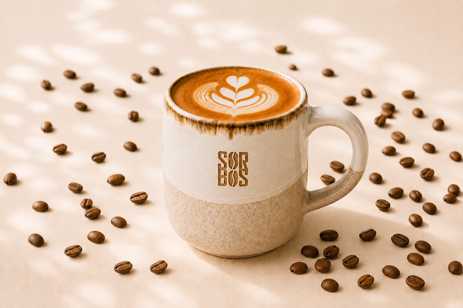 Taza de café Sorbos con arte latte rodeada de granos de café